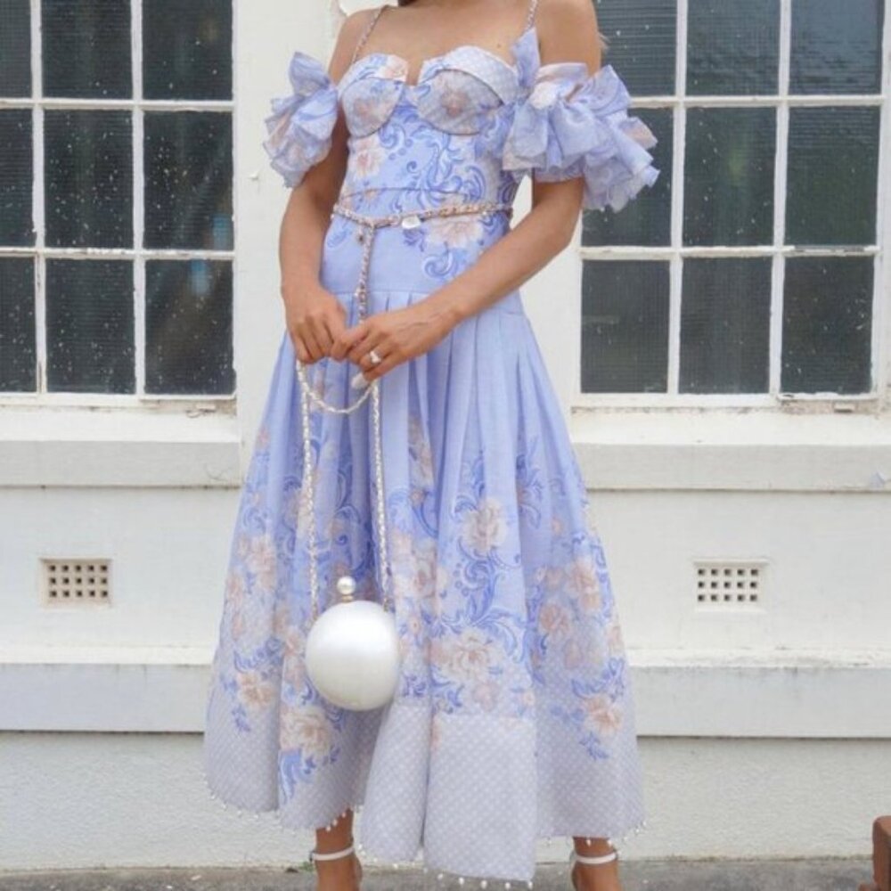 On Hold- ZIMMERMANN Postcard Bow Bodice Periwinkle Lilac Puff Sleeve Dress - Picture 7 of 7